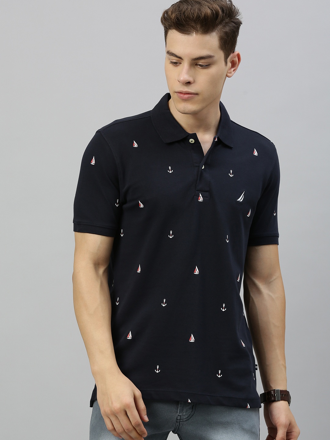 

Nautica Men Navy Blue & White Printed Polo Collar T-shirt