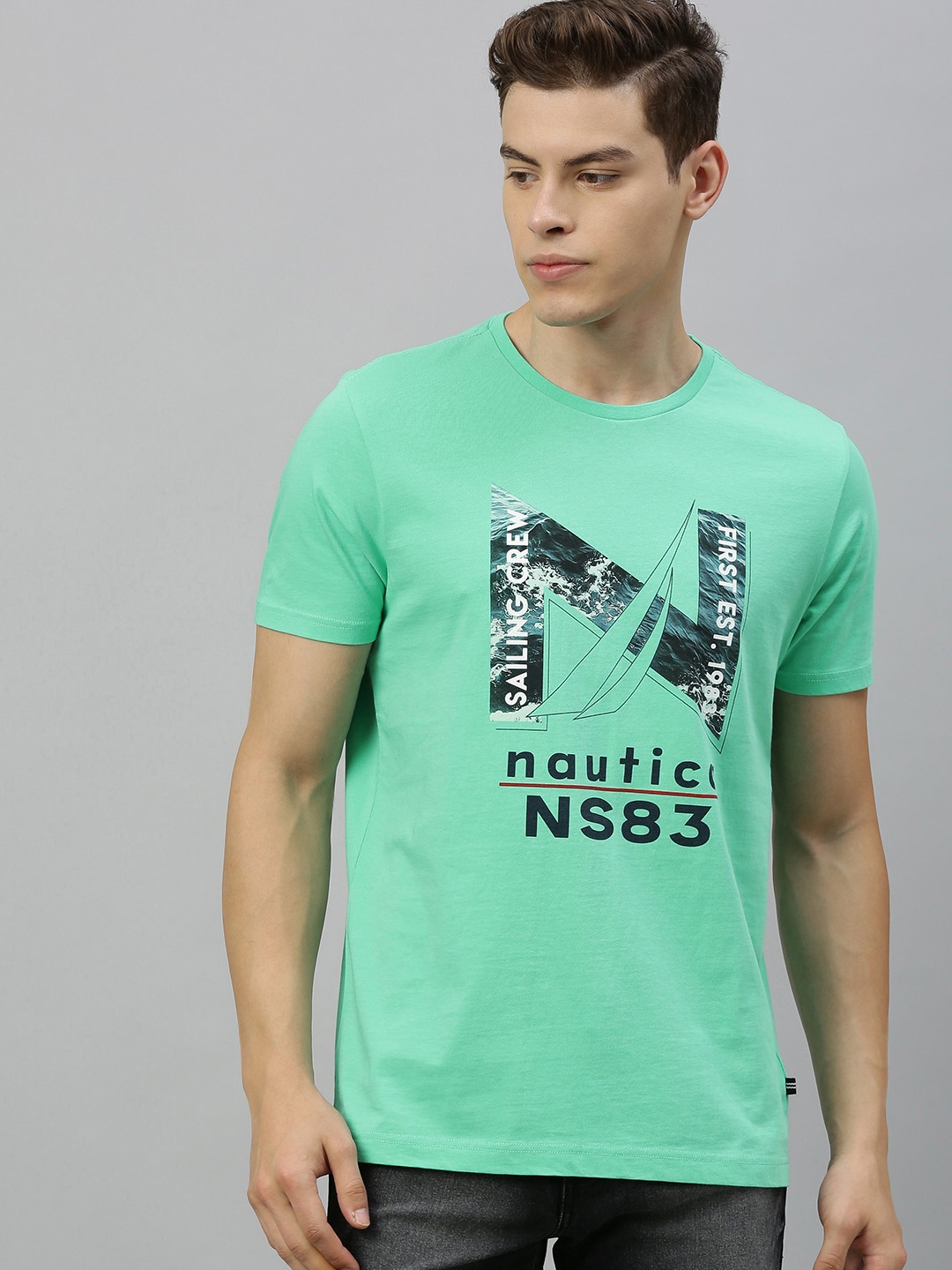 

Nautica Men Sea Green Printed Regular Fit Round Neck Pure Cotton T-shirt