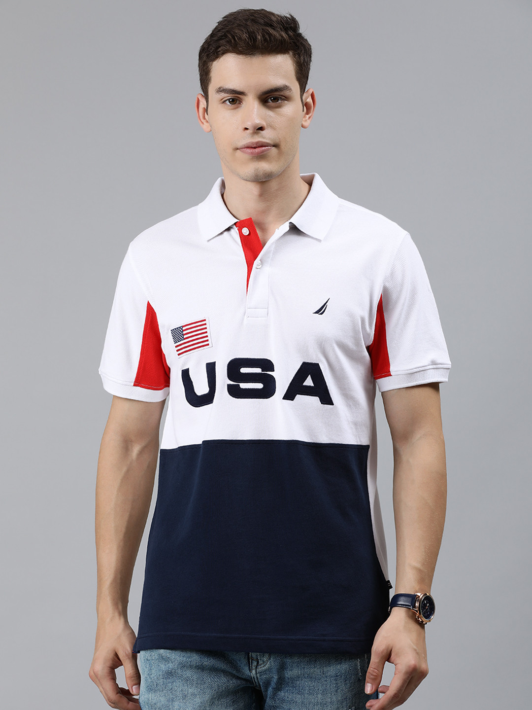 

Nautica Men White Navy Blue Colourblocked Polo Collar Pure Cotton T-shirt
