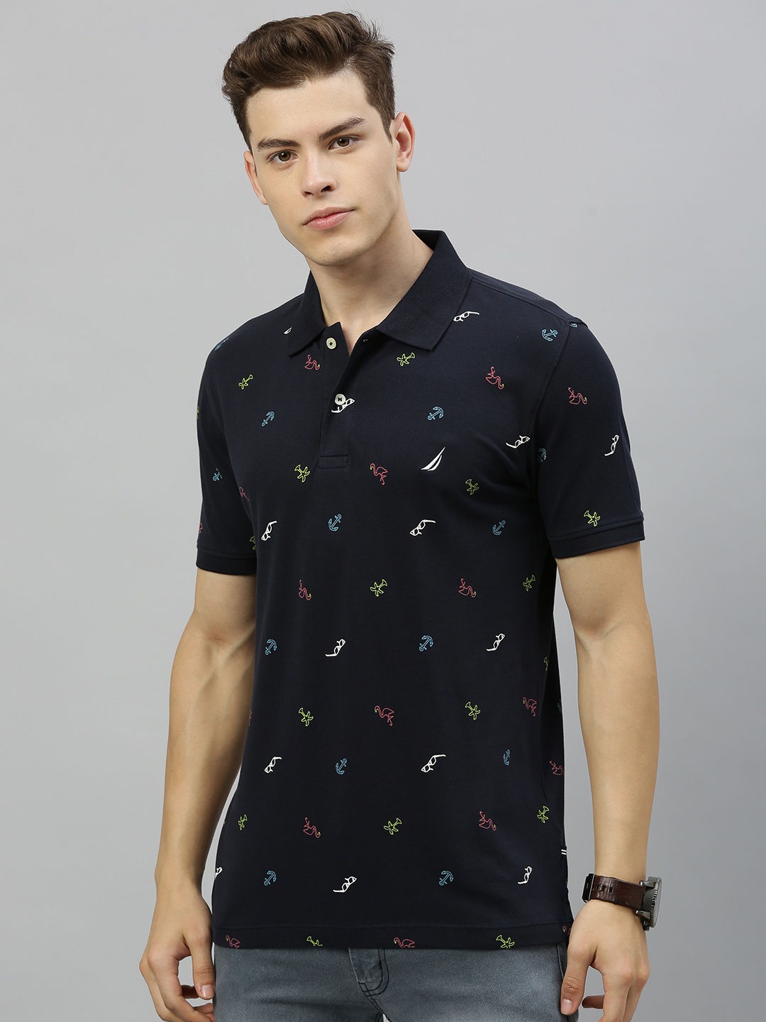 

Nautica Men Navy Blue Quirky Print Polo Collar T-shirt