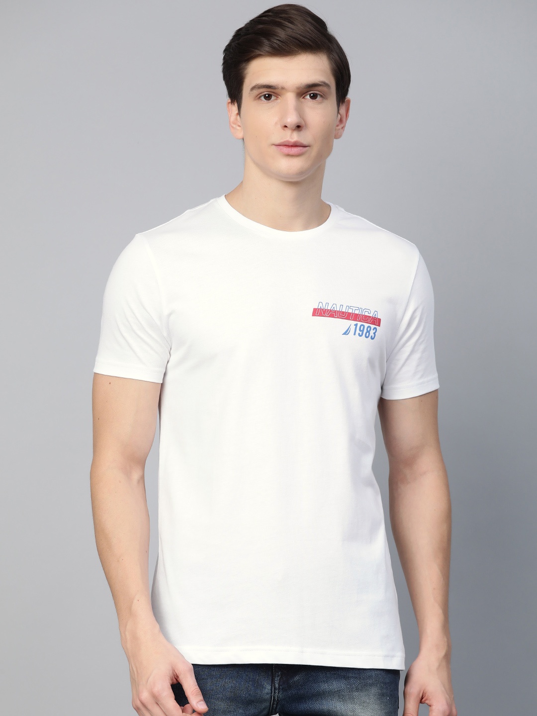 

Nautica Men White & Blue Printed Back Round Neck T-shirt