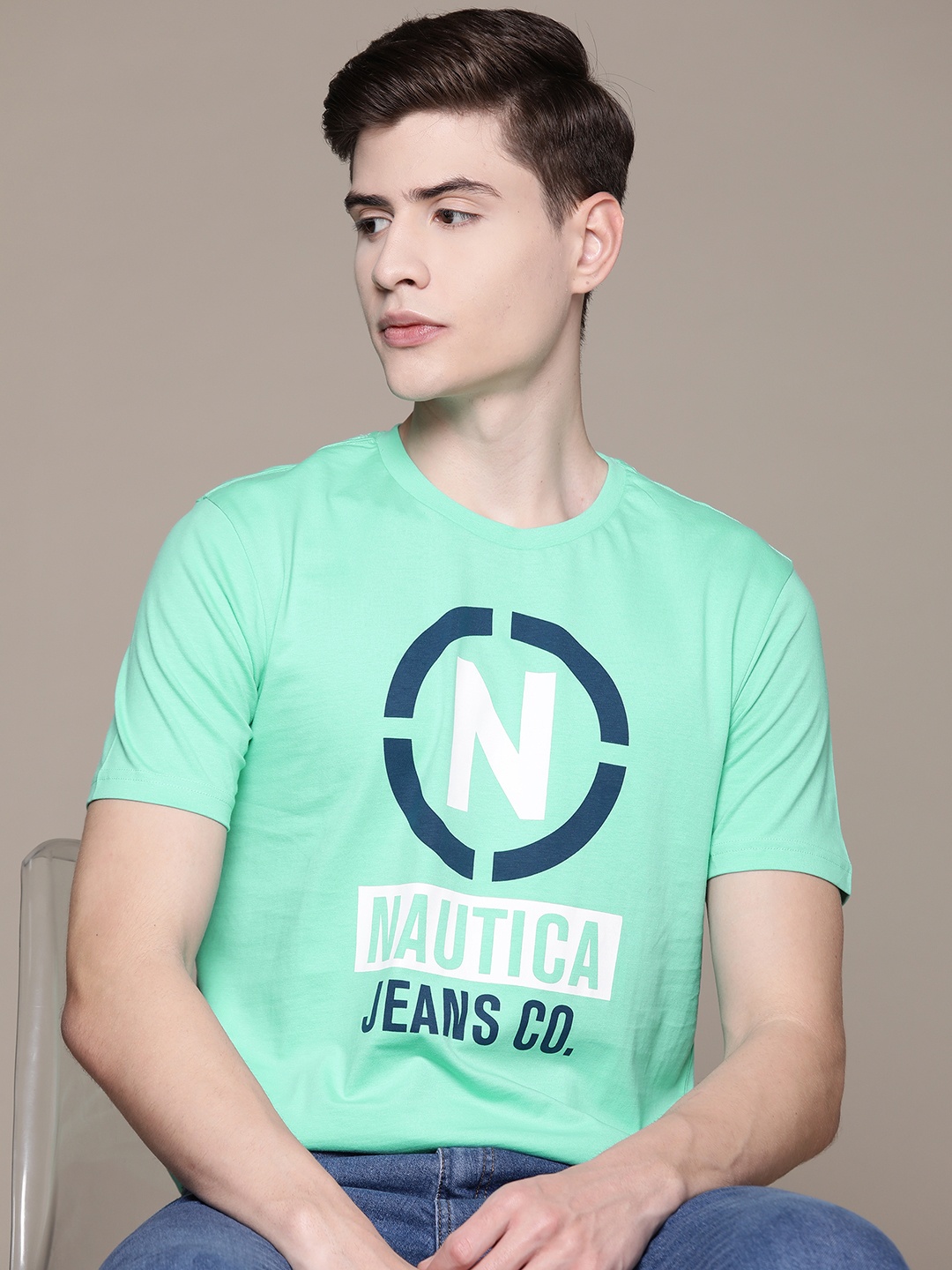 Nautica Men Brand Logo Printed Pure Cotton T-shirt, Green