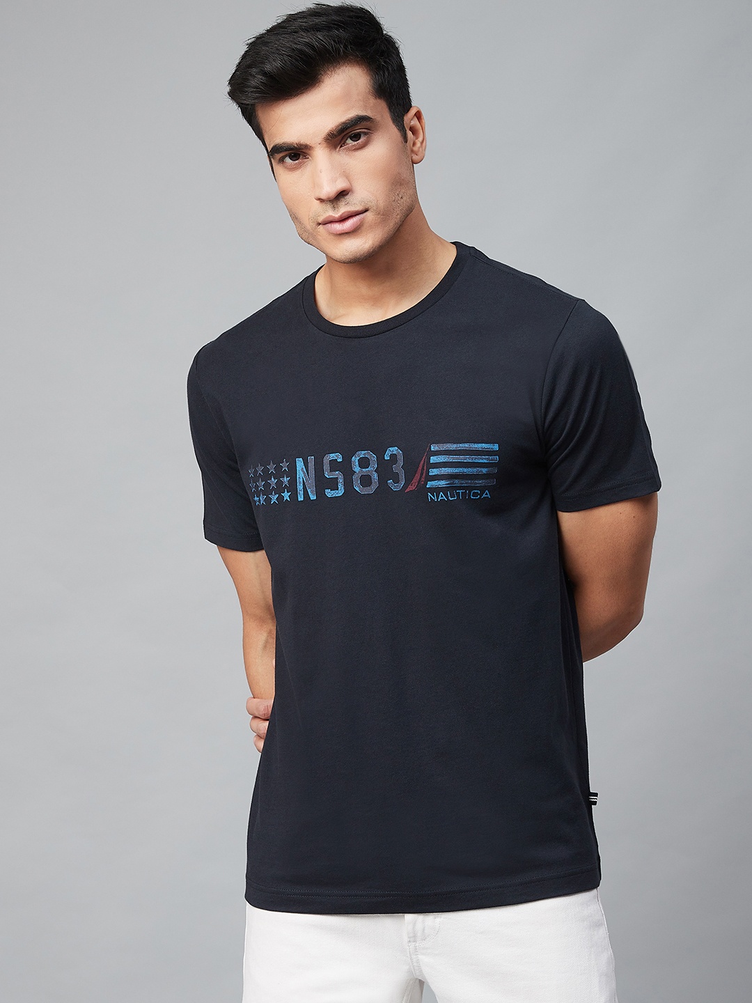 

Nautica Men Navy Blue Printed Round Neck Pure Cotton T-shirt