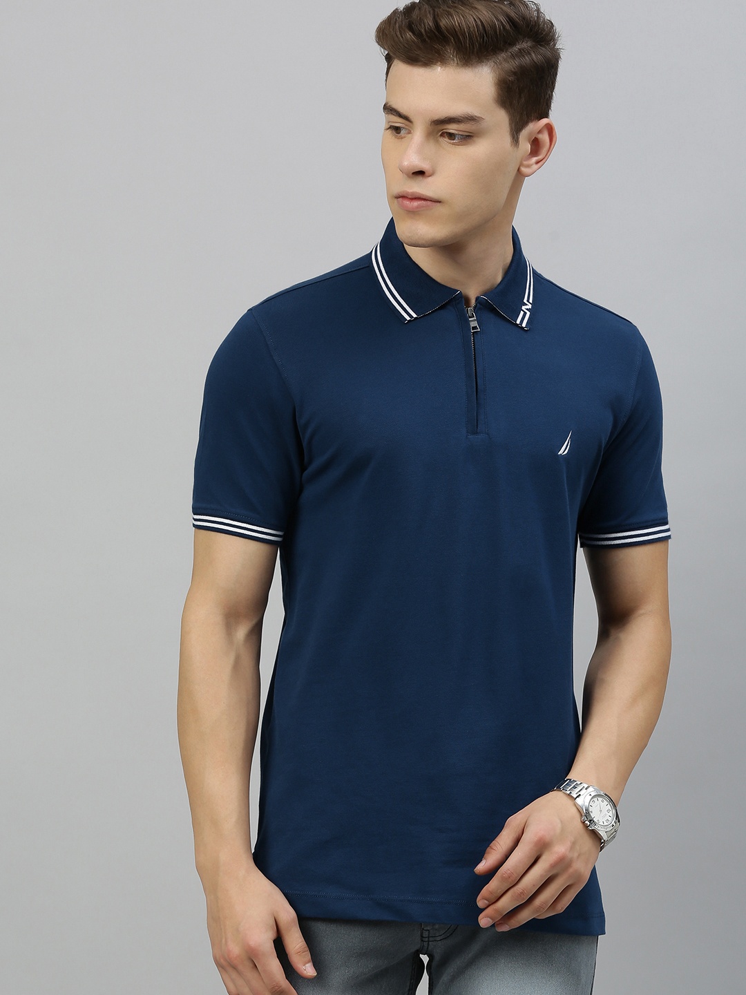 

Nautica Men Blue Solid Polo Collar T-shirt