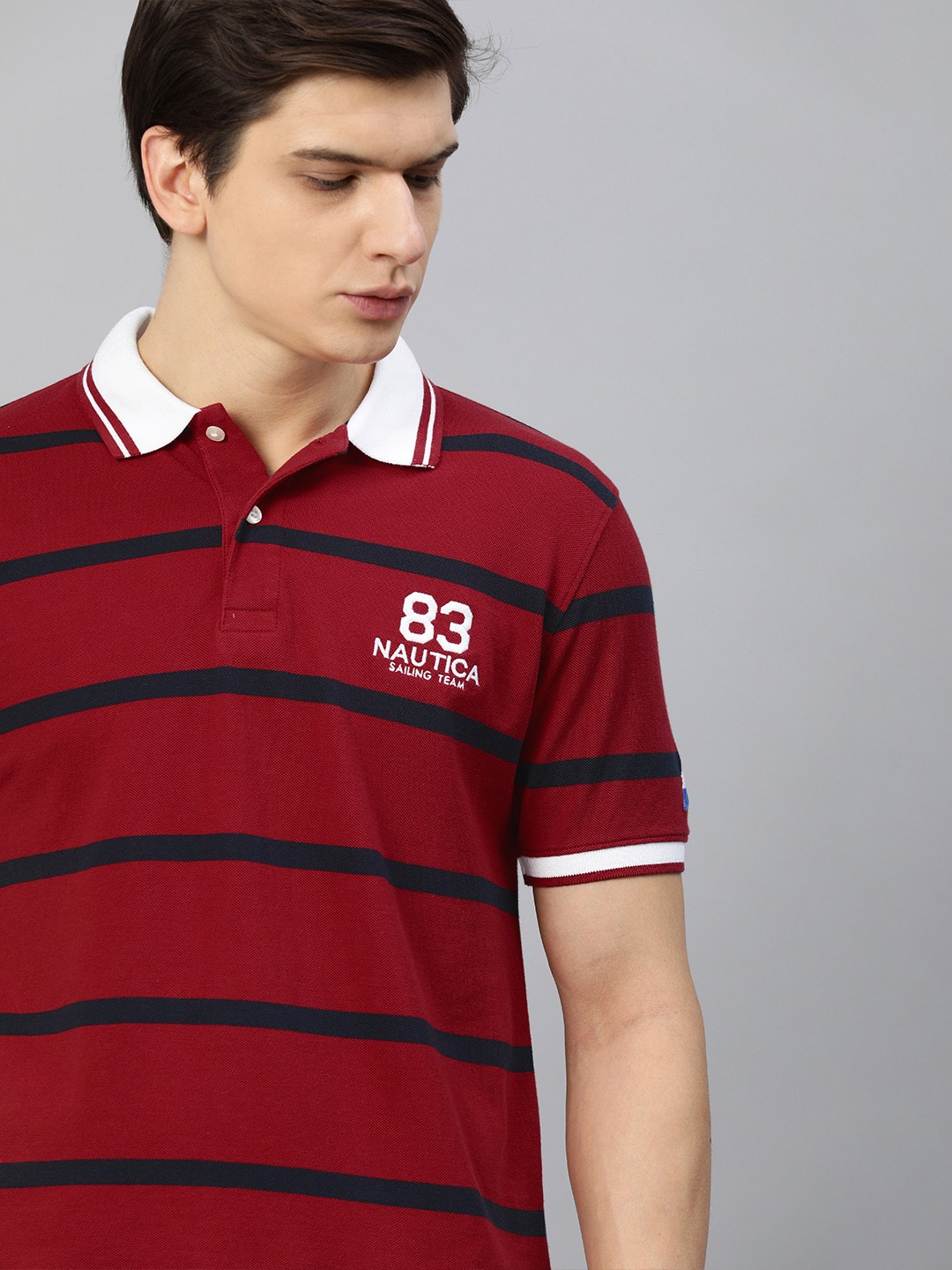

Nautica Men Red Navy Blue Striped Polo Collar Pure Cotton T-shirt with Embroidery
