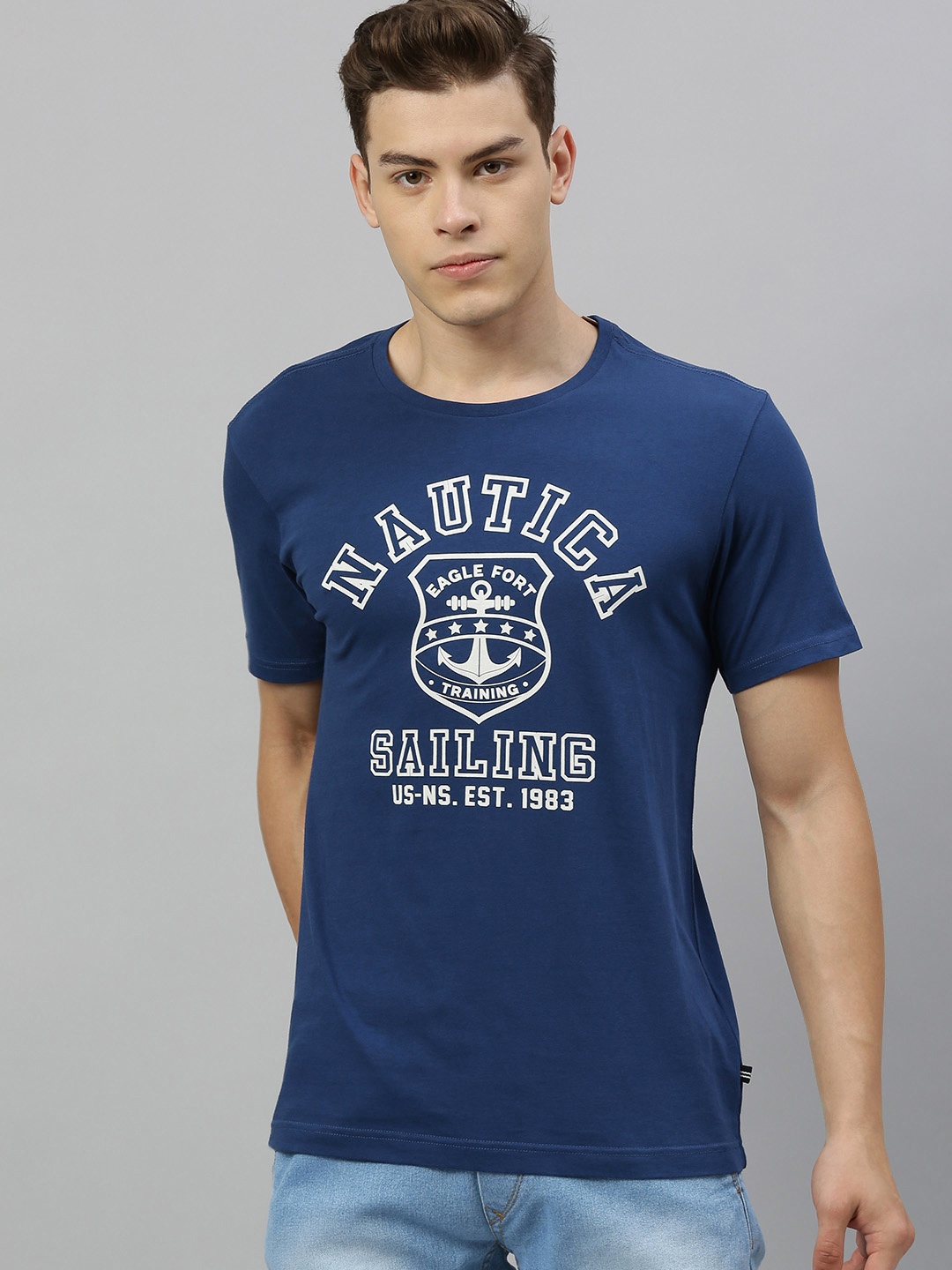 

Nautica Men Navy Blue Printed Regular Fit Round Neck Pure Cotton T-shirt