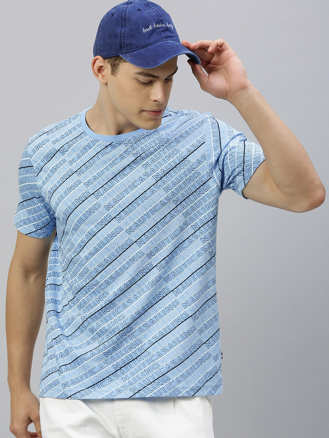 

Nautica Men Blue Brand Logo Print Round Neck Regular Sleeves Pure Cotton T-shirt