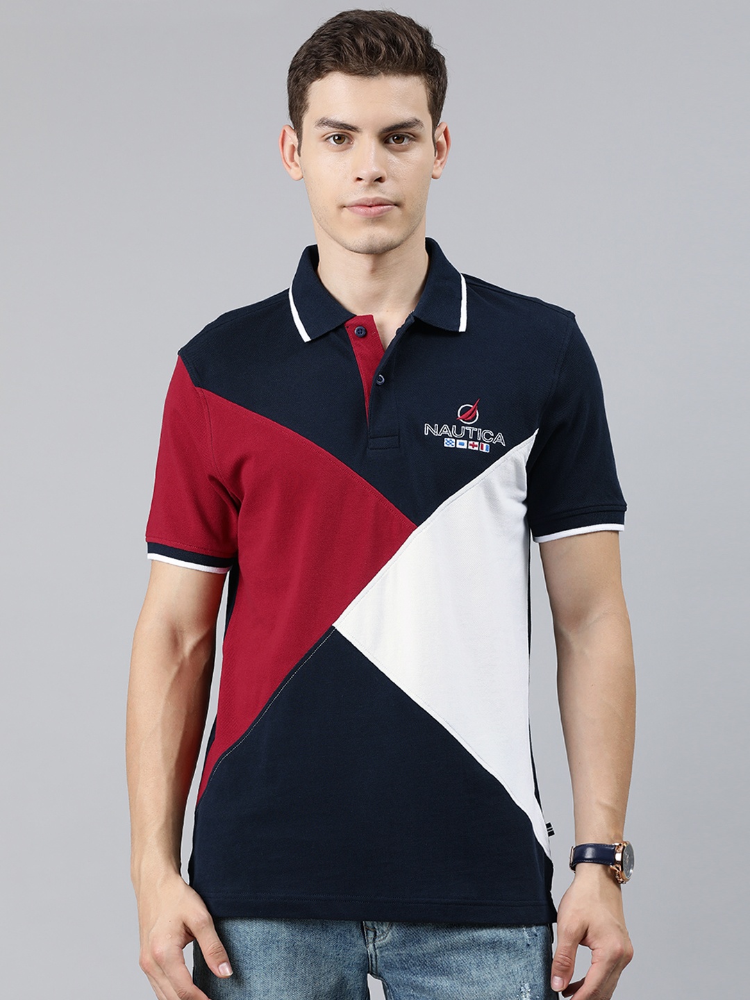 

Nautica Men Navy Blue White Colourblocked Polo Collar Pure Cotton T-shirt