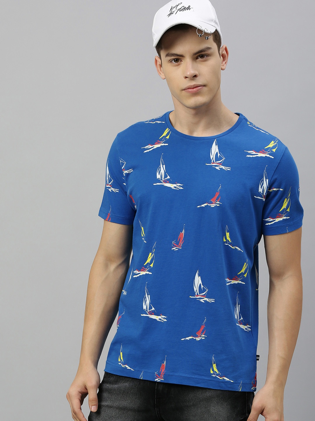 

Nautica Men Blue Printed Regular Fit Round Neck Pure Cotton T-shirt