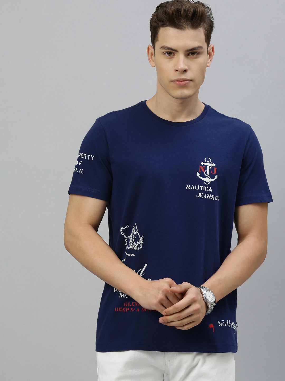 

Nautica Men Navy Blue Typography Print Round Neck Pure Cotton T-shirt