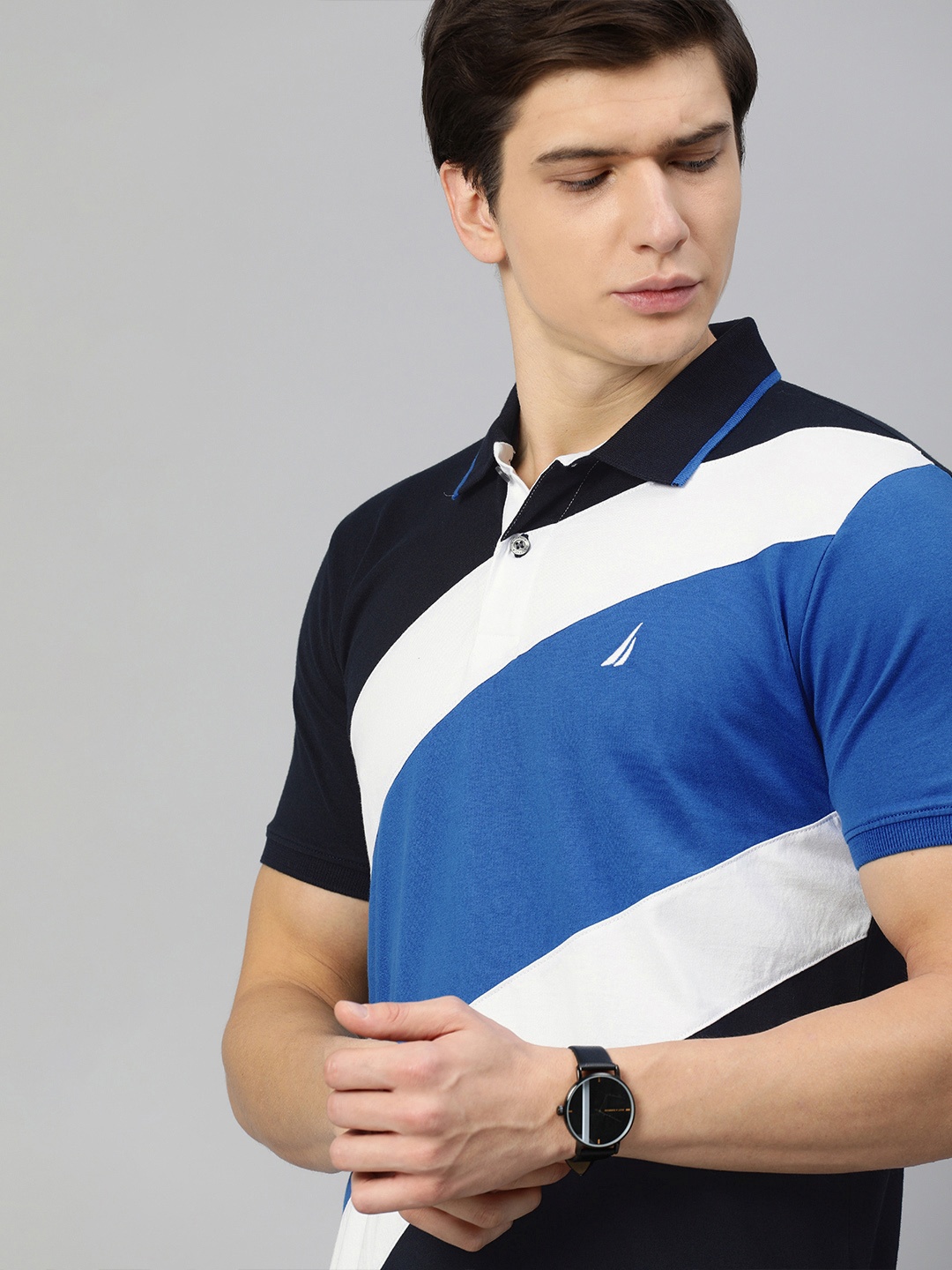 

Nautica Men Navy Blue White Colourblocked Polo Collar Pure Cotton T-shirt