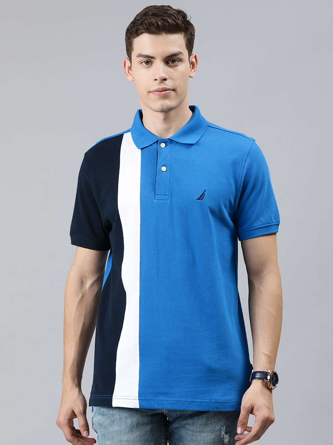 

Nautica Men Blue & White Striped Polo Collar T-shirt