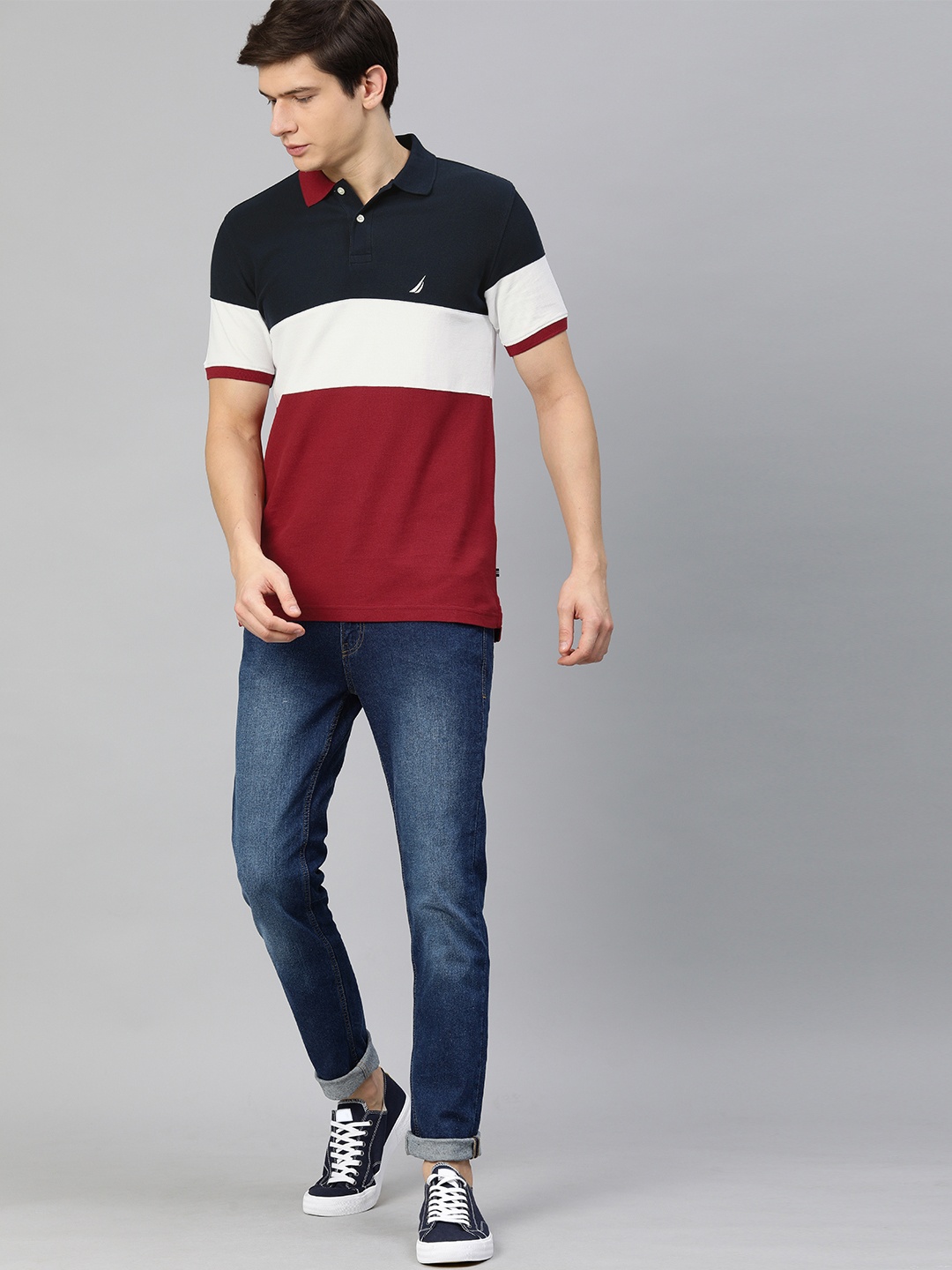 

Nautica Men Navy Blue White Colourblocked Polo Collar Pure Cotton T-shirt