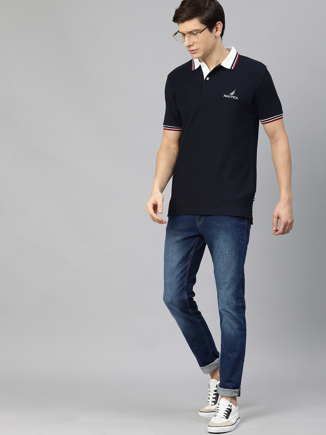 

Nautica Men Navy Blue Solid Polo Collar Pure Cotton T-shirt