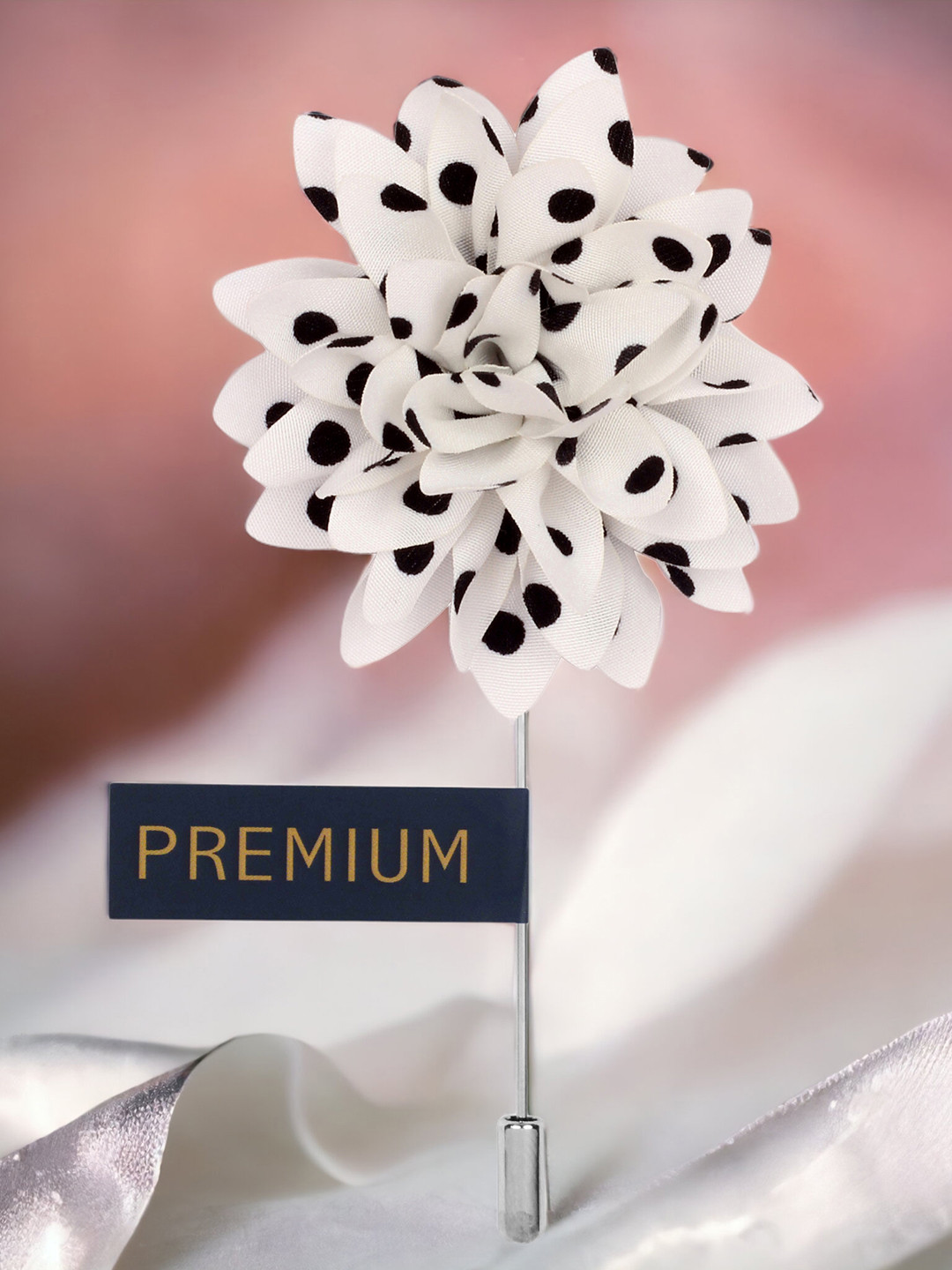 

PELUCHE Unisex White & Black Polka Petals Floral Lapel Pin