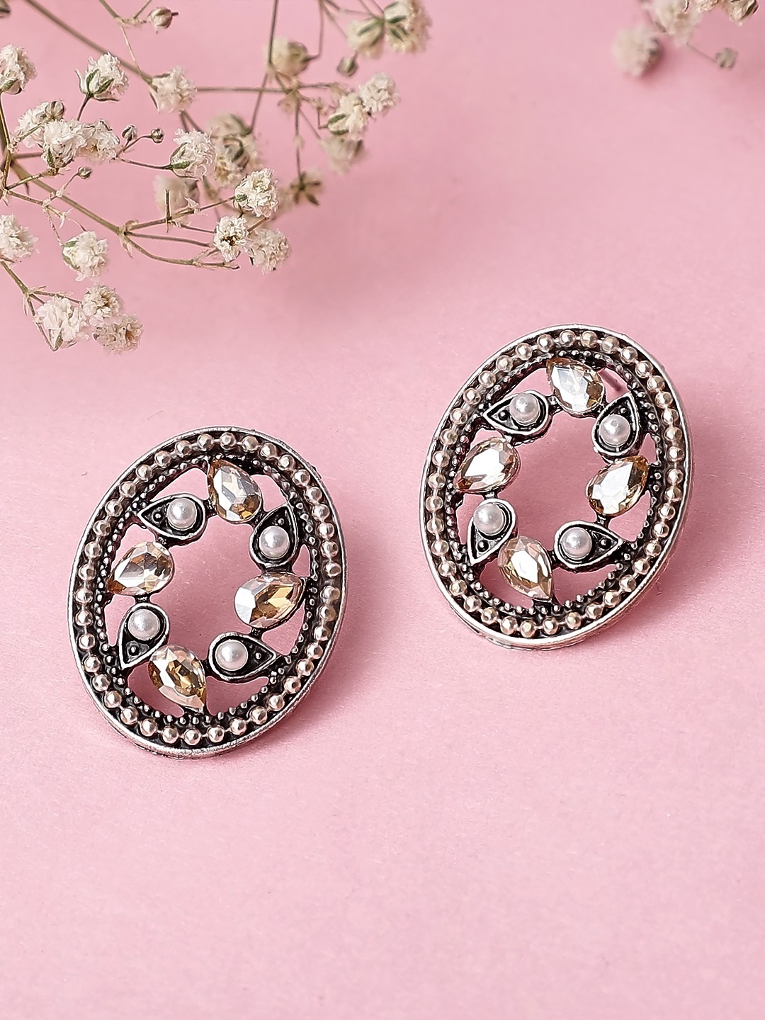 

Rubans Oxidised Silver-Plated & Gold-Toned Stone-Studded Handcrafted Oversized Oval Studs