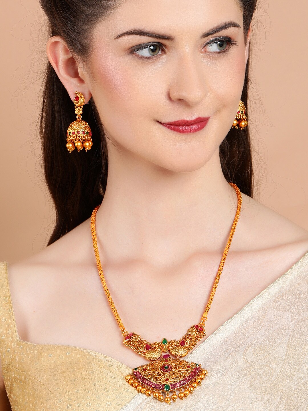 

Rubans 22K Gold-Plated Red & Green Stone-Studded Handcrafted Temple Jewellery Set