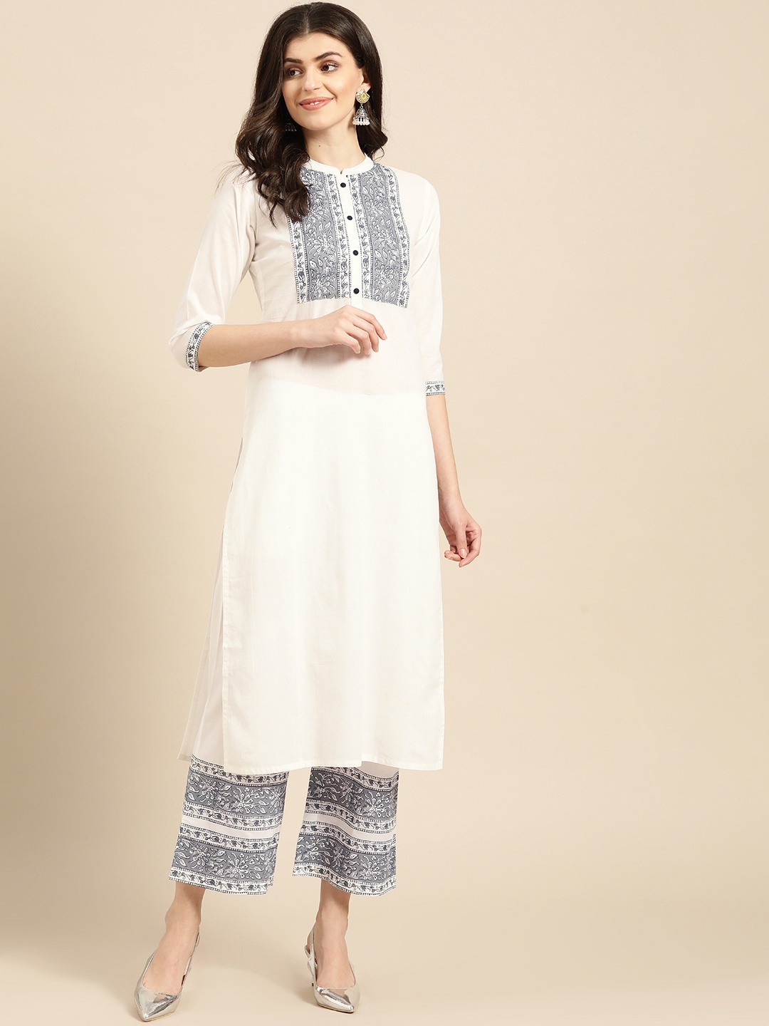 

Varanga Women Off-White & Grey Yoke Design Kurta with Palazzos