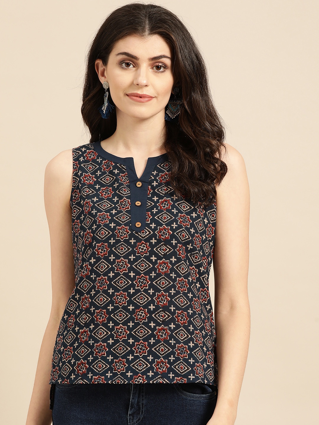 

Varanga Women Navy Blue & Maroon Printed Pure Cotton Top