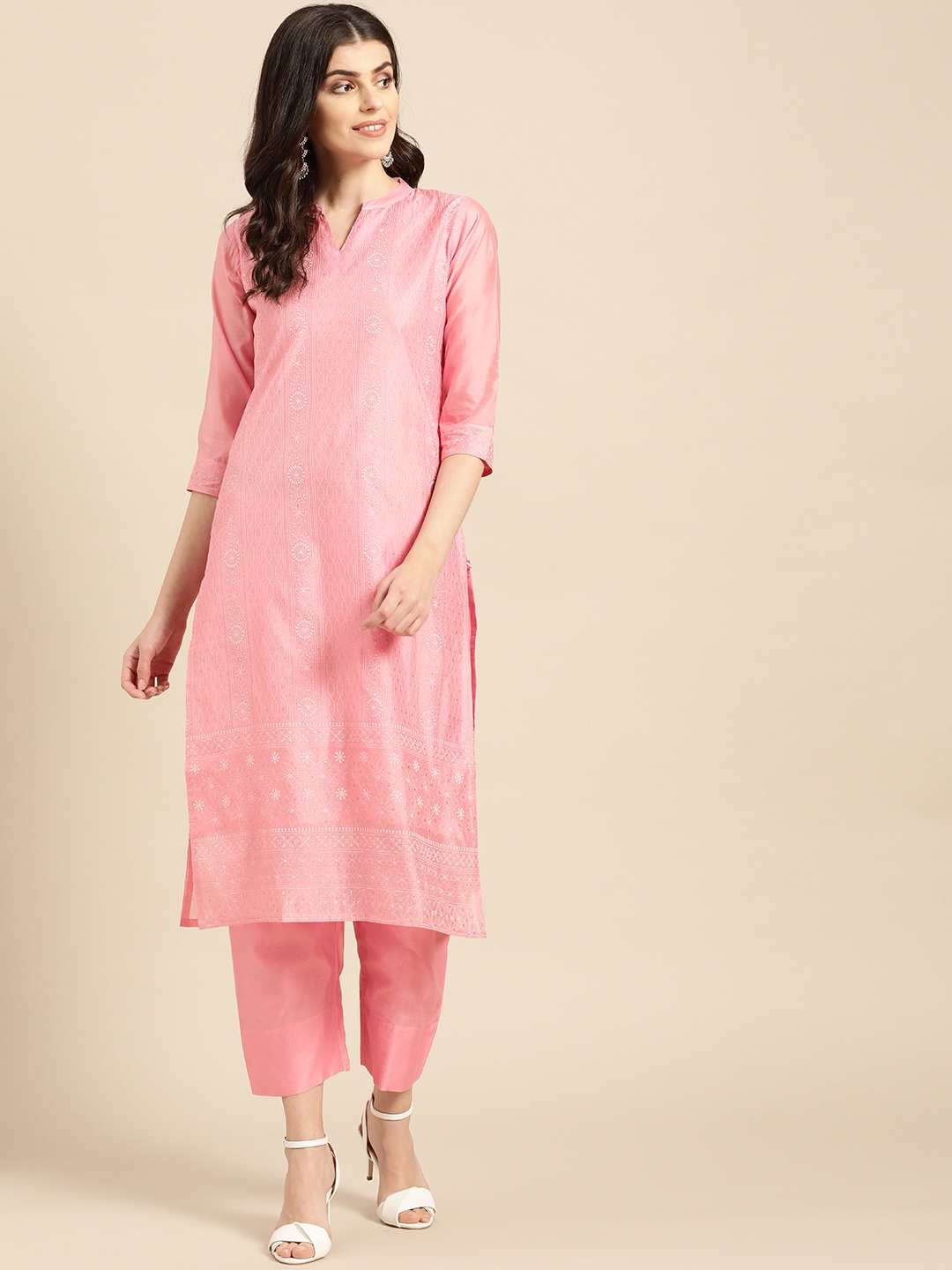 

Varanga Women Pink & Golden Chikankari Print Kurta with Trousers