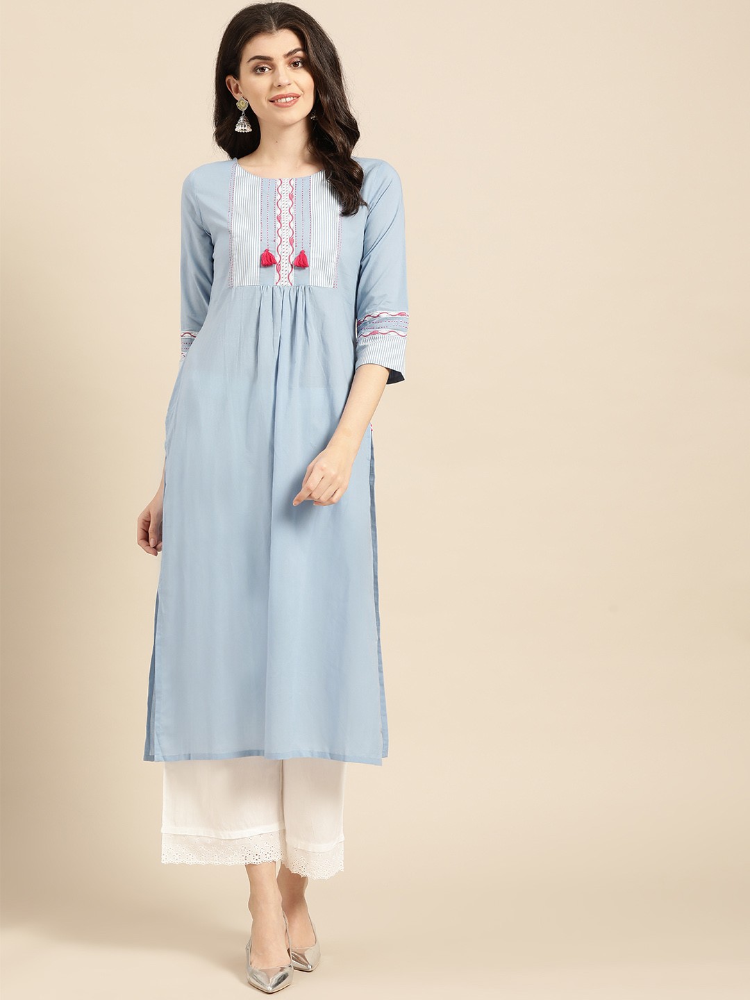 

Varanga Women Blue & White Yoke Design Straight Kurta
