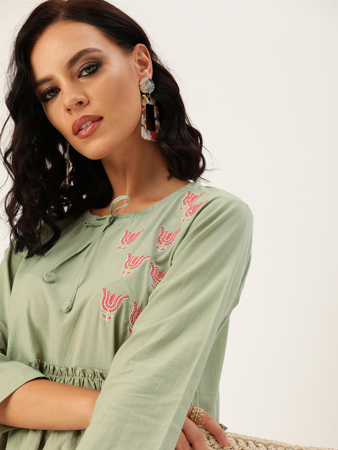 

Varanga Women Olive Green Solid A-Line Kurta With Embroidery & Lace Inserts