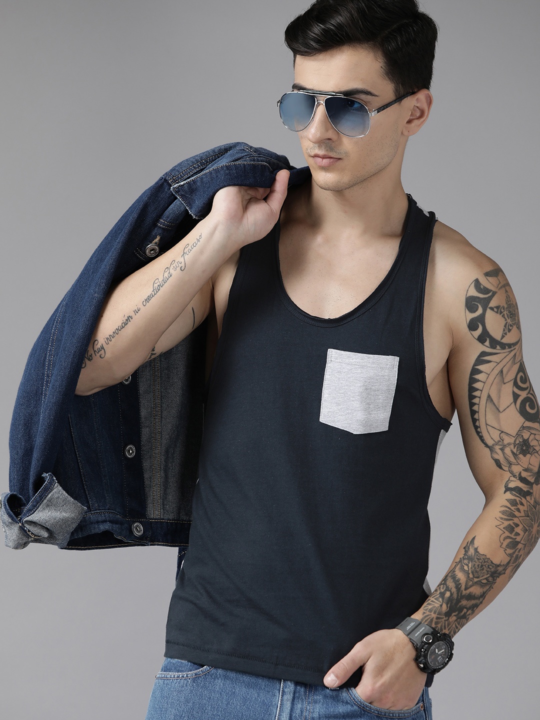 

The Roadster Lifestyle Co. Pure Cotton Pocket Detail Sleeveless T-shirt, Navy blue