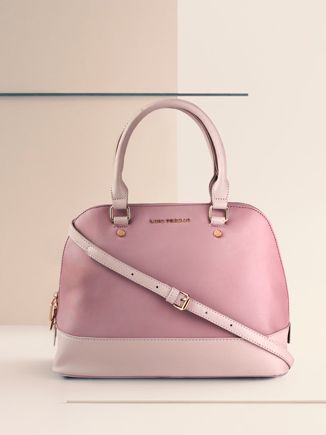 

Lino Perros Dusty Pink & Beige Colourblocked Handheld Bag with Detachable Sling Strap