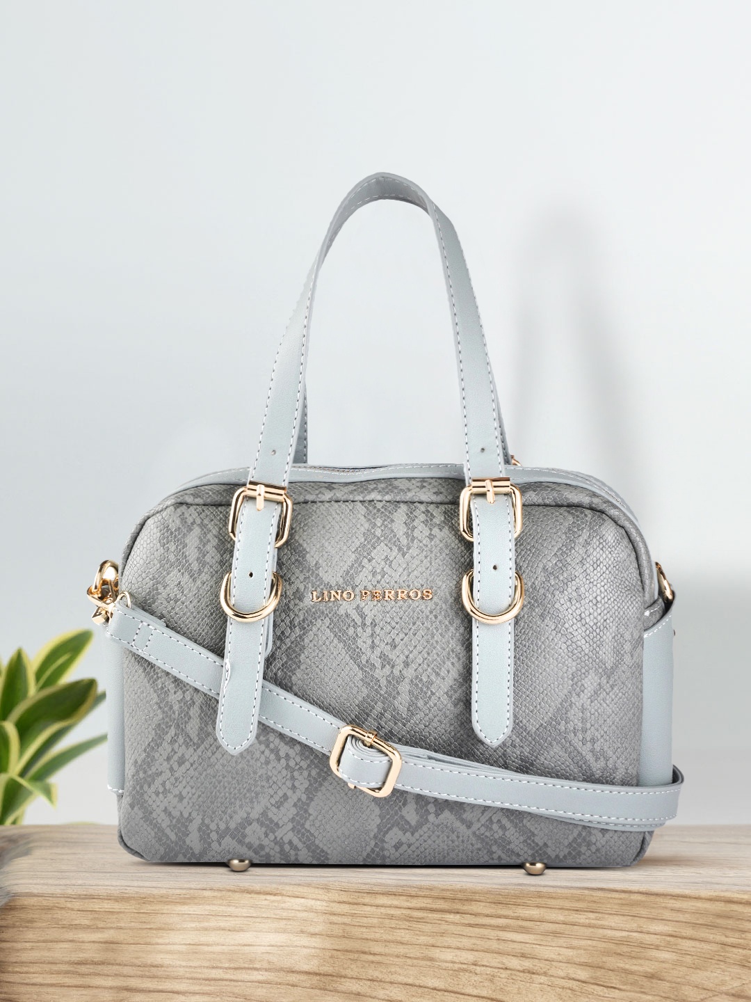 

Lino Perros Grey & Blue Snakeskin Textured Handheld Bag with Detachable Sling Strap