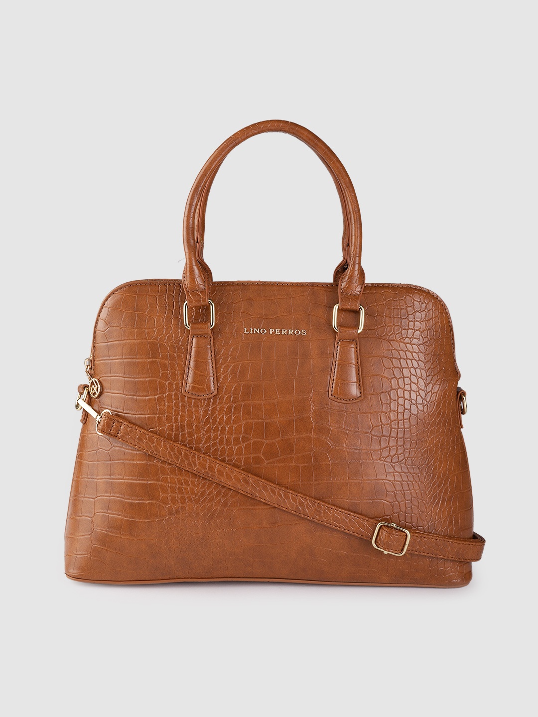 

Lino Perros Tan Brown Croc-Textured Laptop Bag with Detachable Sling Strap