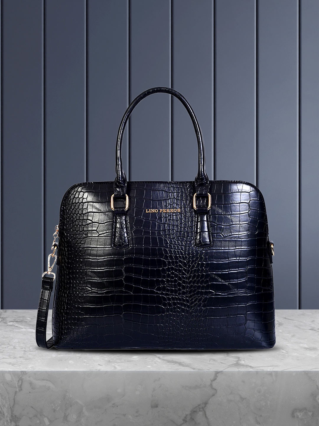 

Lino Perros Women Black Croc-Textured Laptop Bag with Detachable Sling Strap