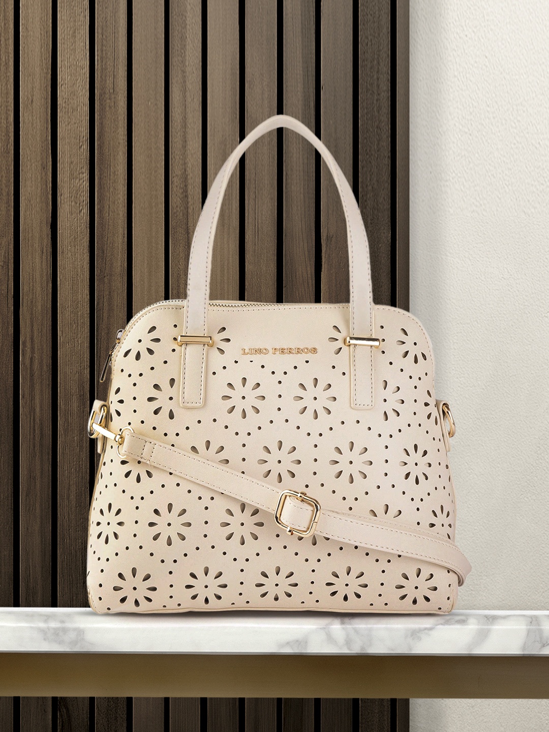 

Lino Perros Cream-Coloured Cut-Work Handheld Bag with Detachable Sling Strap