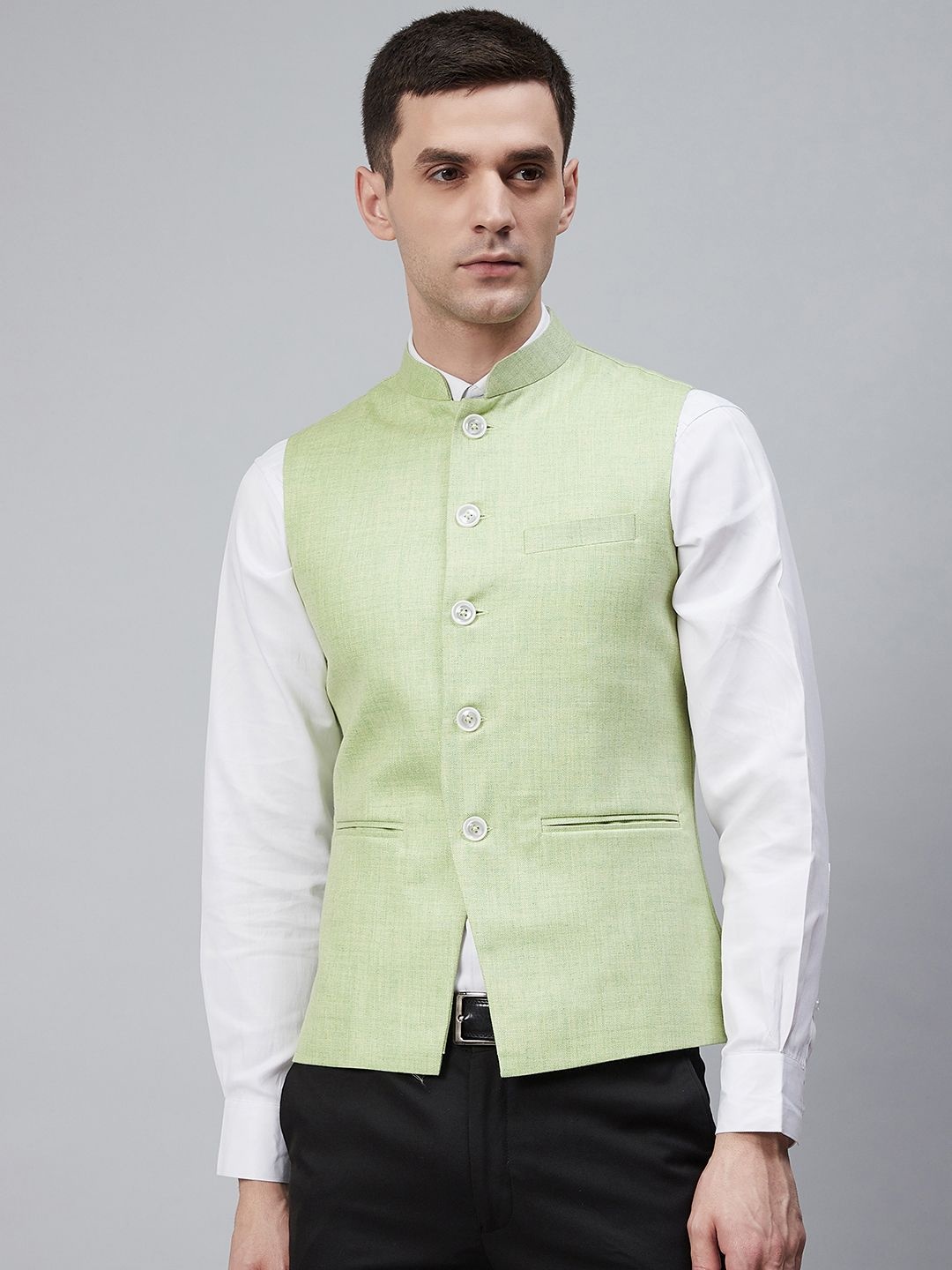 

Shaftesbury London Men Green Solid Single-Breasted Nehru Jacket