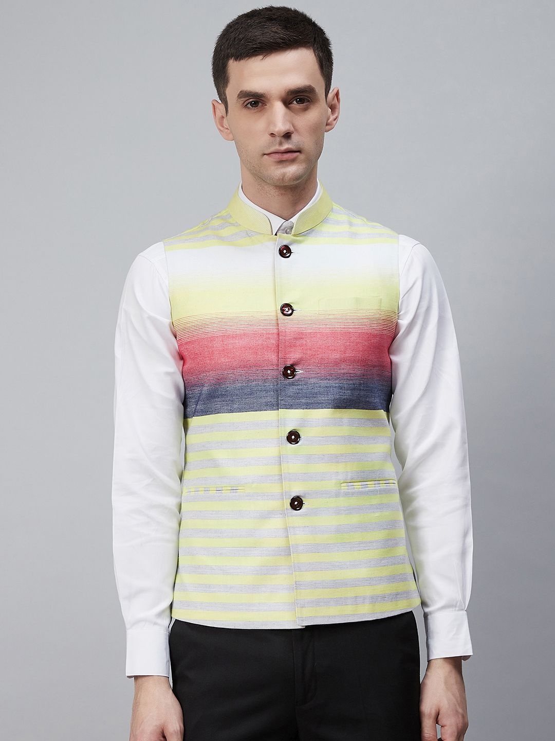 

Shaftesbury London Men Yellow & Grey Striped Single-Breasted Nehru Jacket