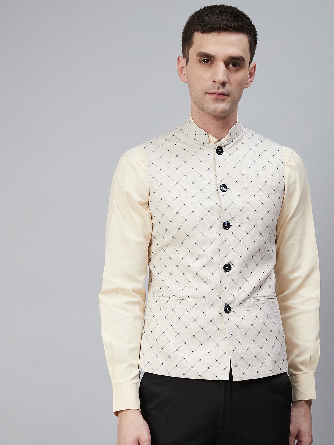 

Shaftesbury London Men Off-White & Navy Blue Printed Single-Breasted Nehru Jacket