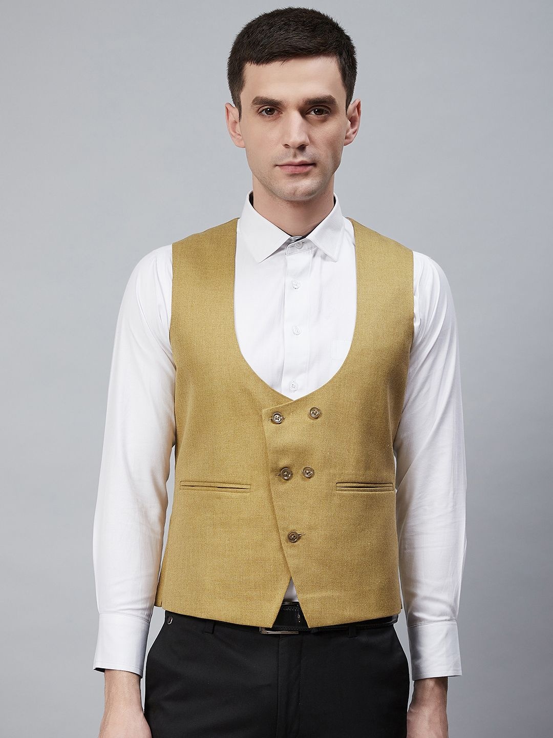 

Shaftesbury London Men Khaki Solid Double-Breasted Waistcoat