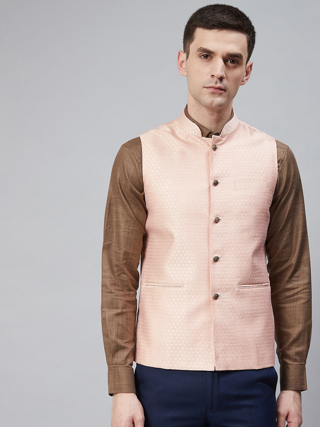 

Shaftesbury London Men Pink Woven Design Nehru Jacket