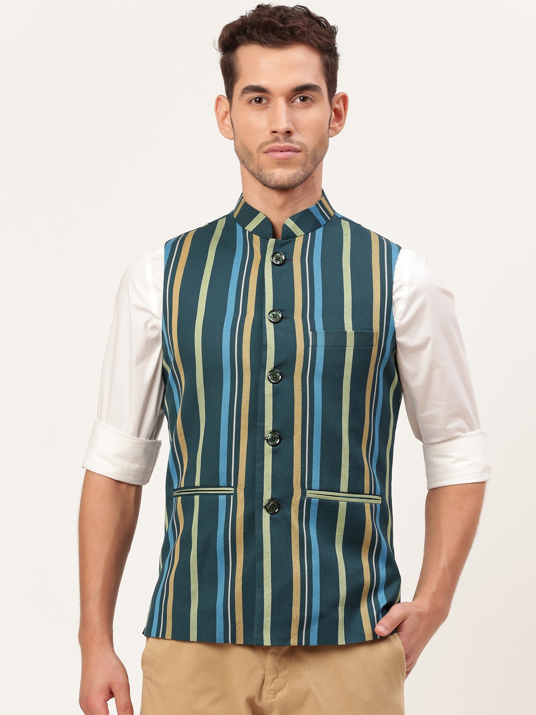 

Shaftesbury London Men Teal Green & Beige Striped Nehru Jacket