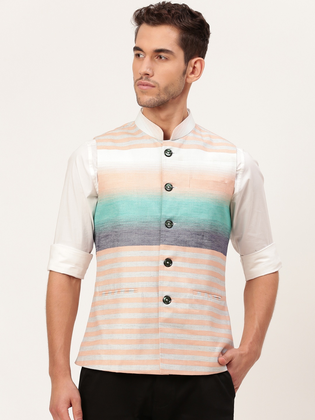 

Shaftesbury London Men Peach Coloured & Off-White Striped Nehru Jacket