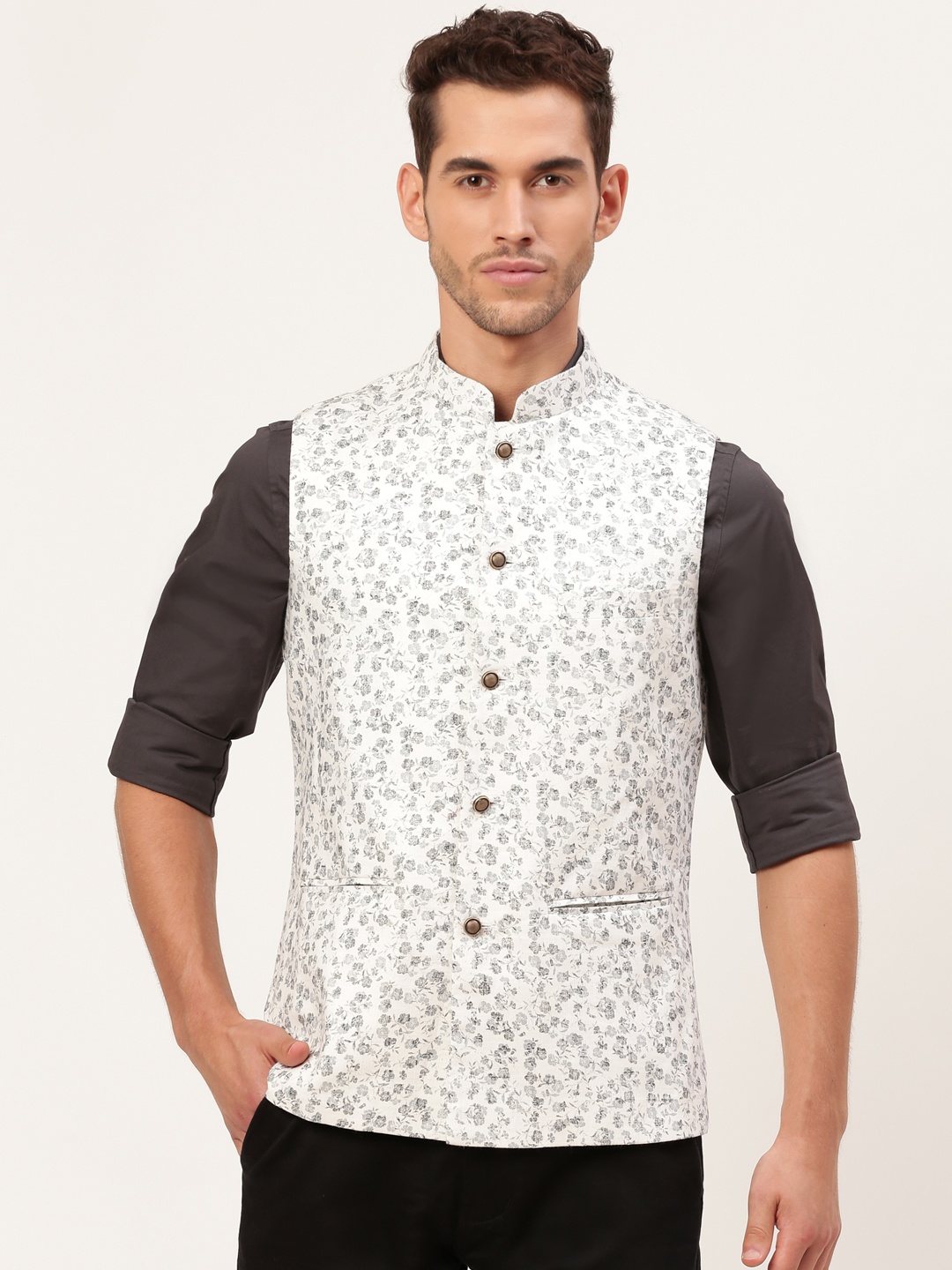 

Shaftesbury London Men White & Grey Floral Printed Nehru Jacket