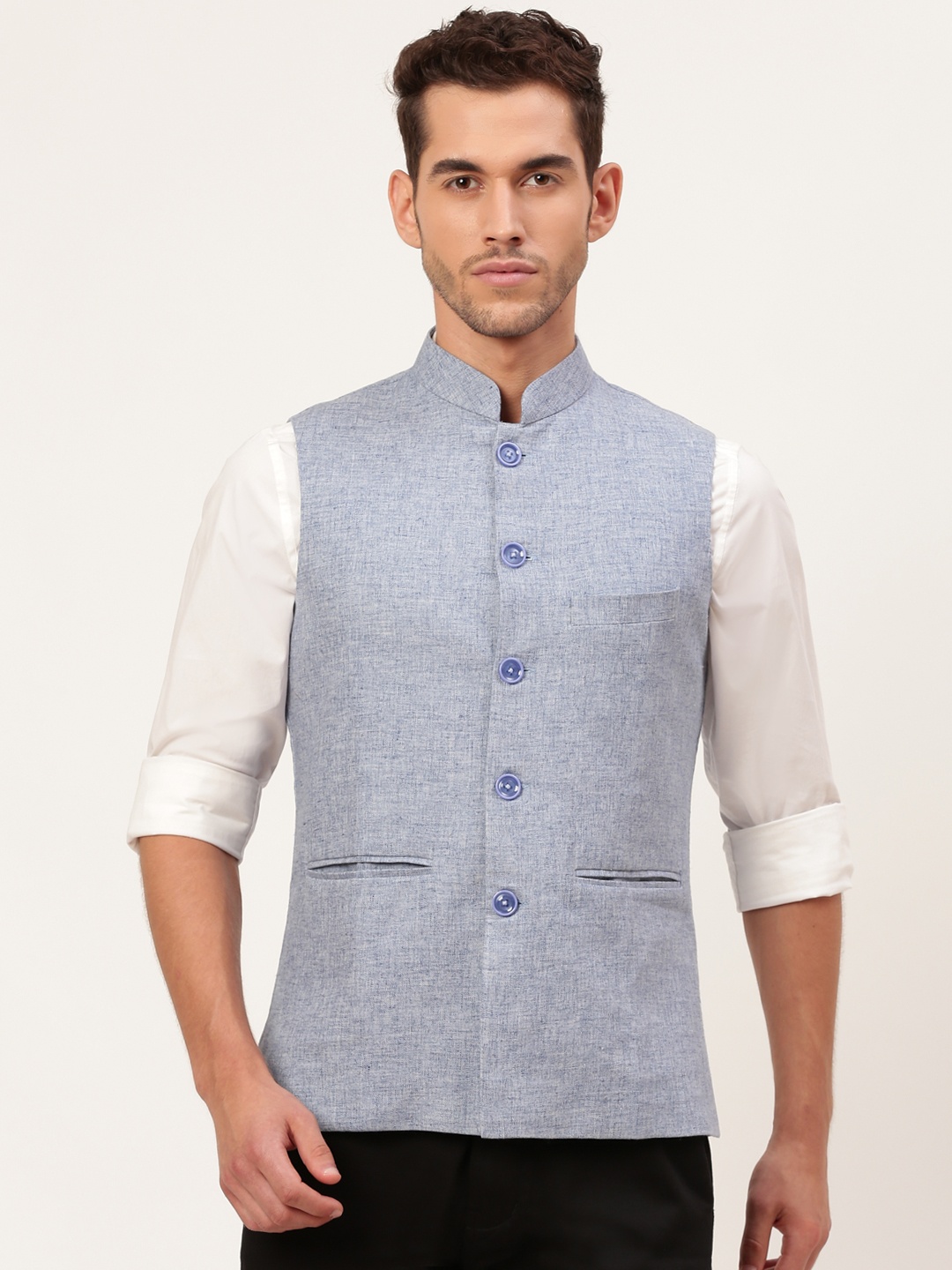 

Shaftesbury London Men Blue Woven Design Nehru Jacket