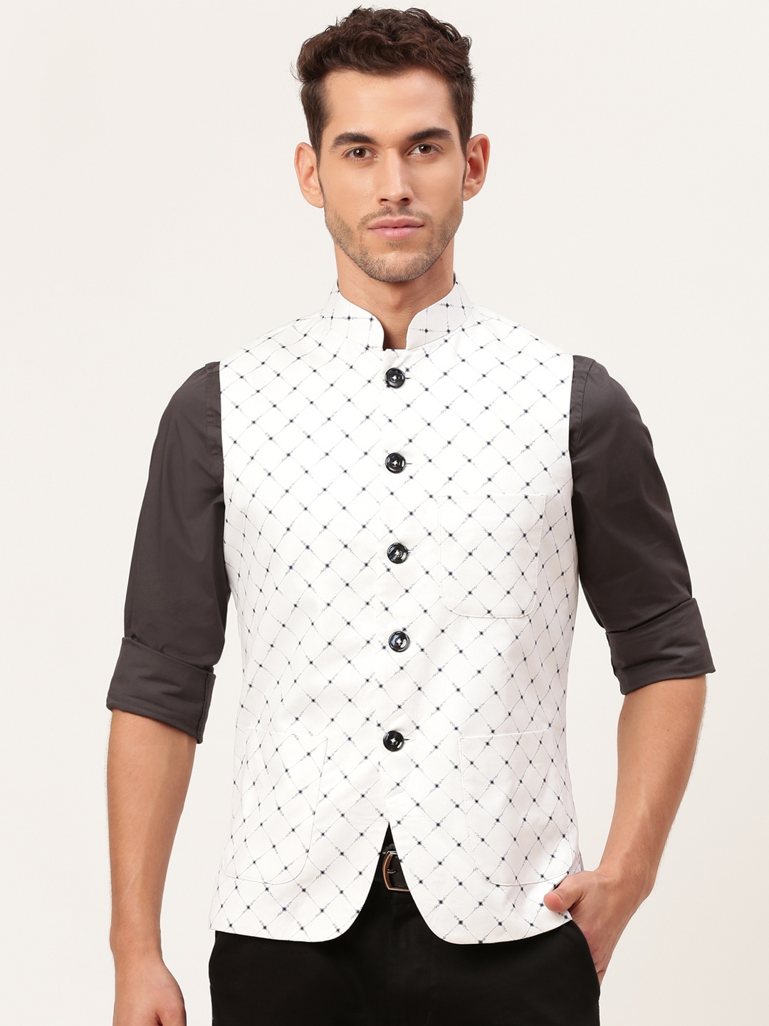 

Shaftesbury London Men White & Navy Blue Printed Nehru Jacket