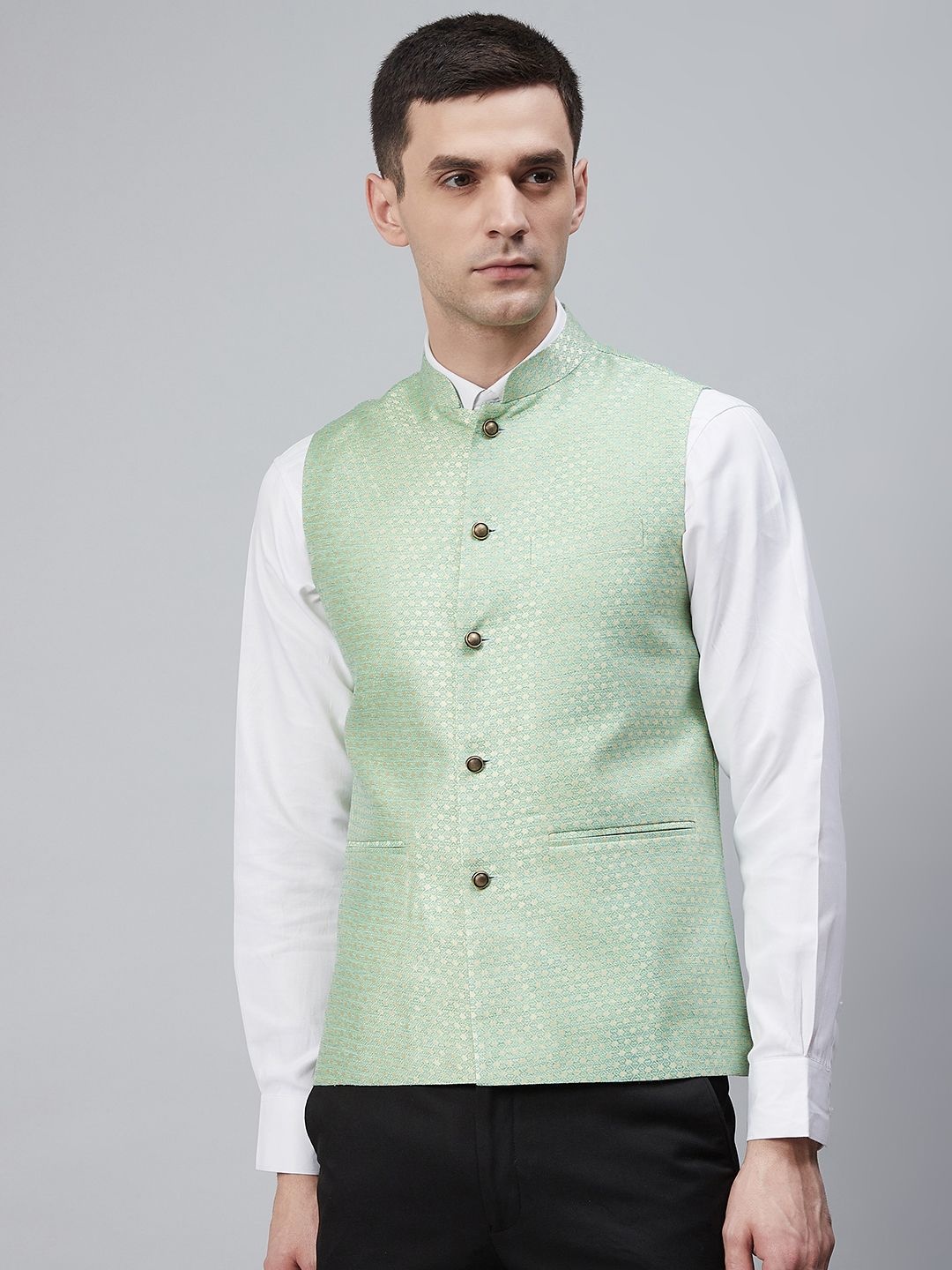 

Shaftesbury London Men Green & Beige Woven Design Nehru Jacket