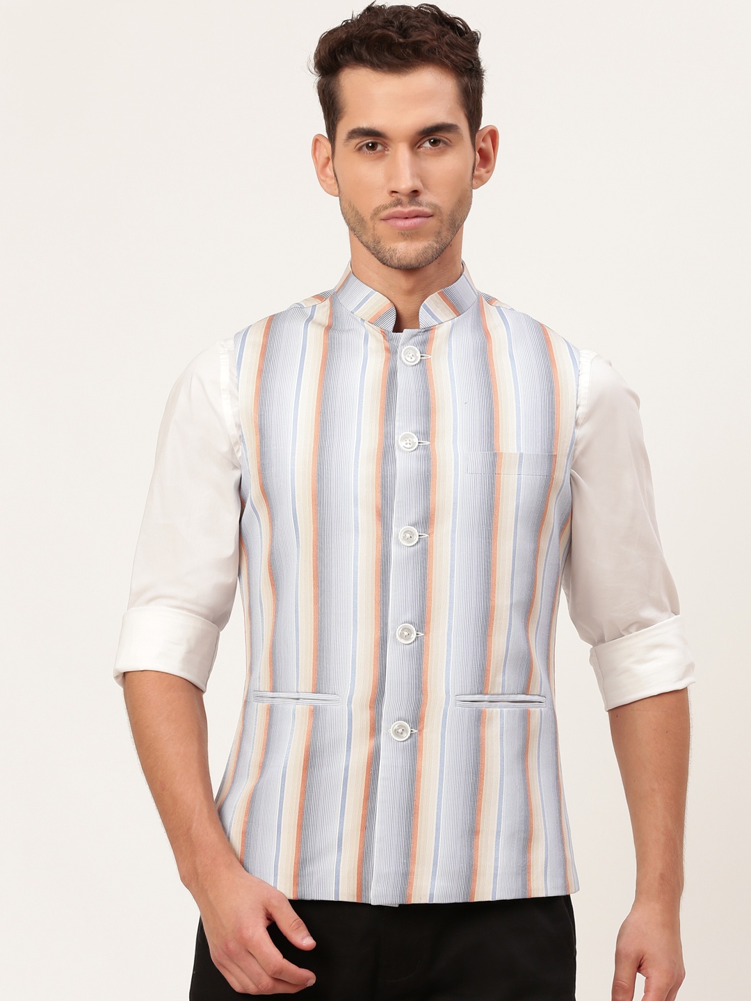 

Shaftesbury London Men Blue & Orange Striped Nehru Jacket