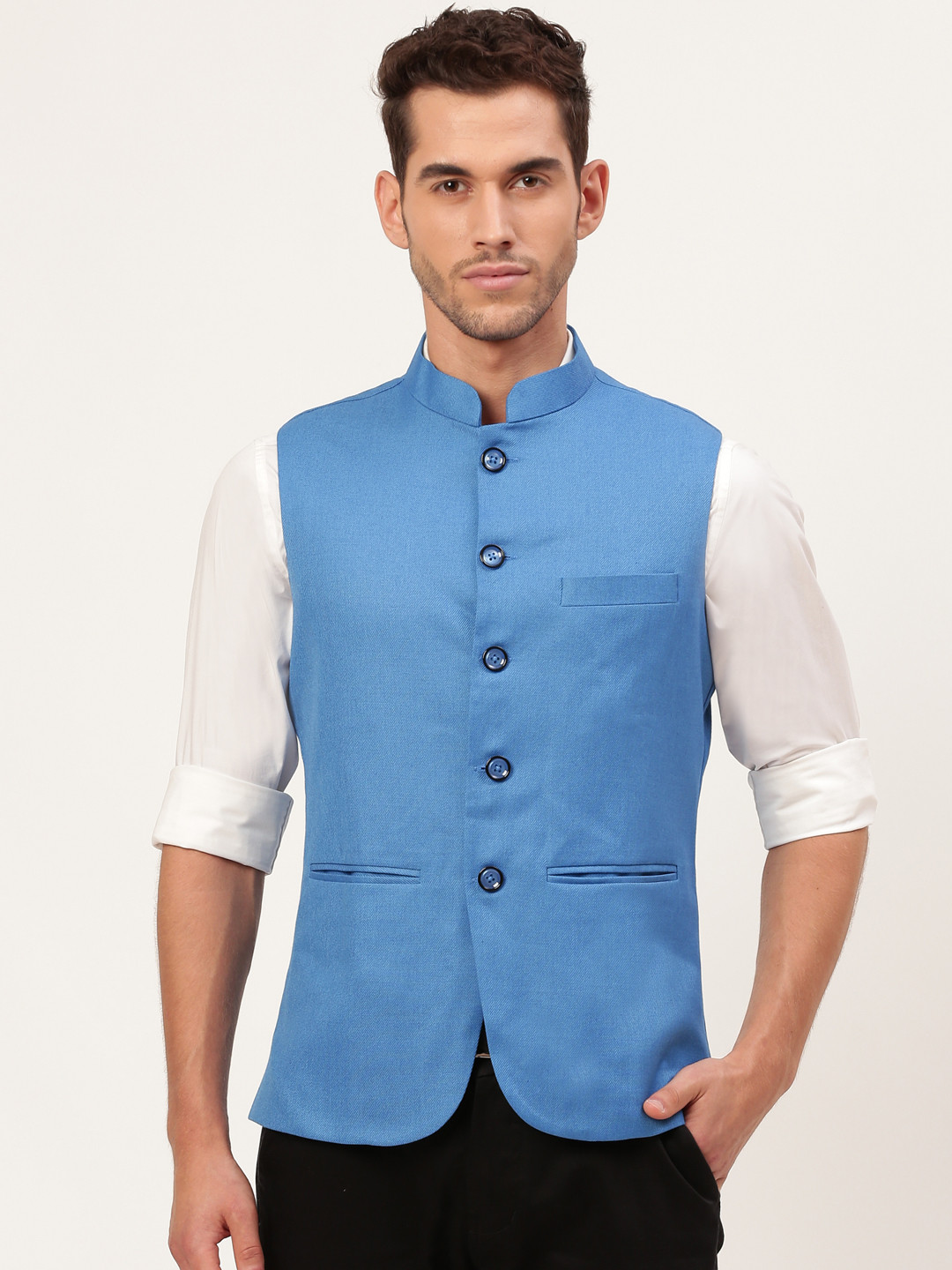 

Shaftesbury London Men Blue Solid Nehru Jacket