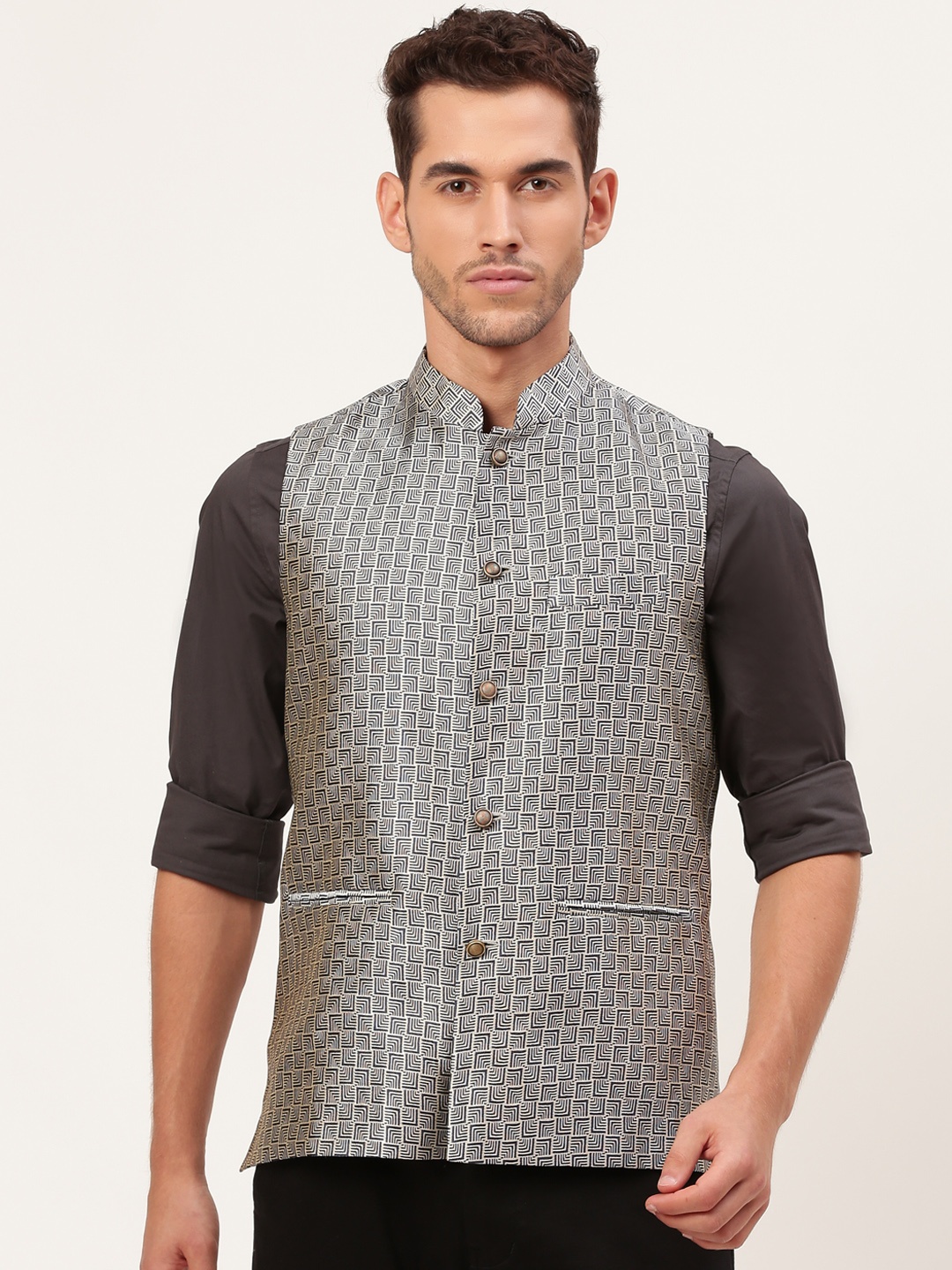 

Shaftesbury London Men Beige & Navy Blue Woven Design Nehru Jacket