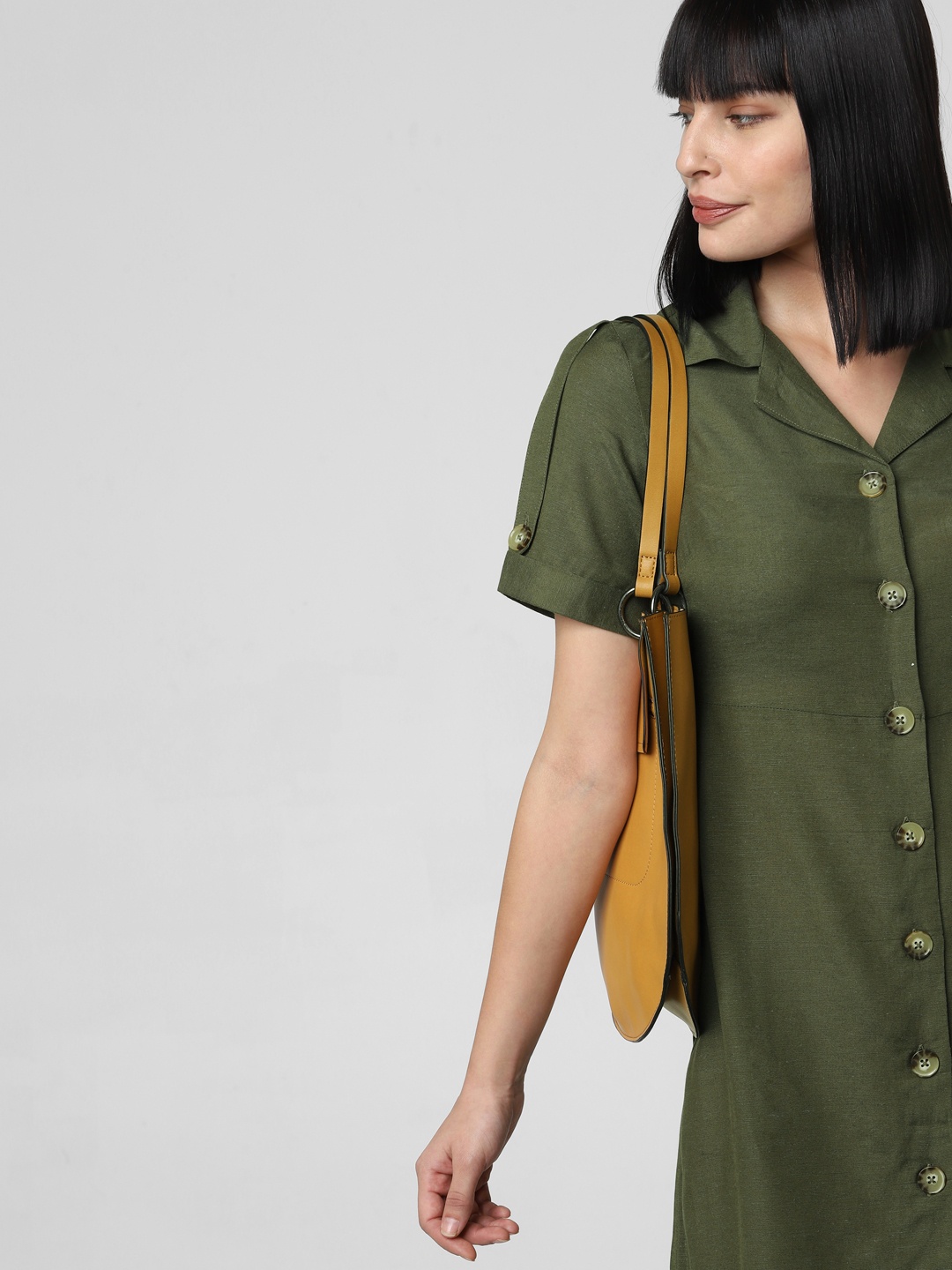 

Vero Moda Women Olive Green Solid Shirt Dress With Cuban Collar