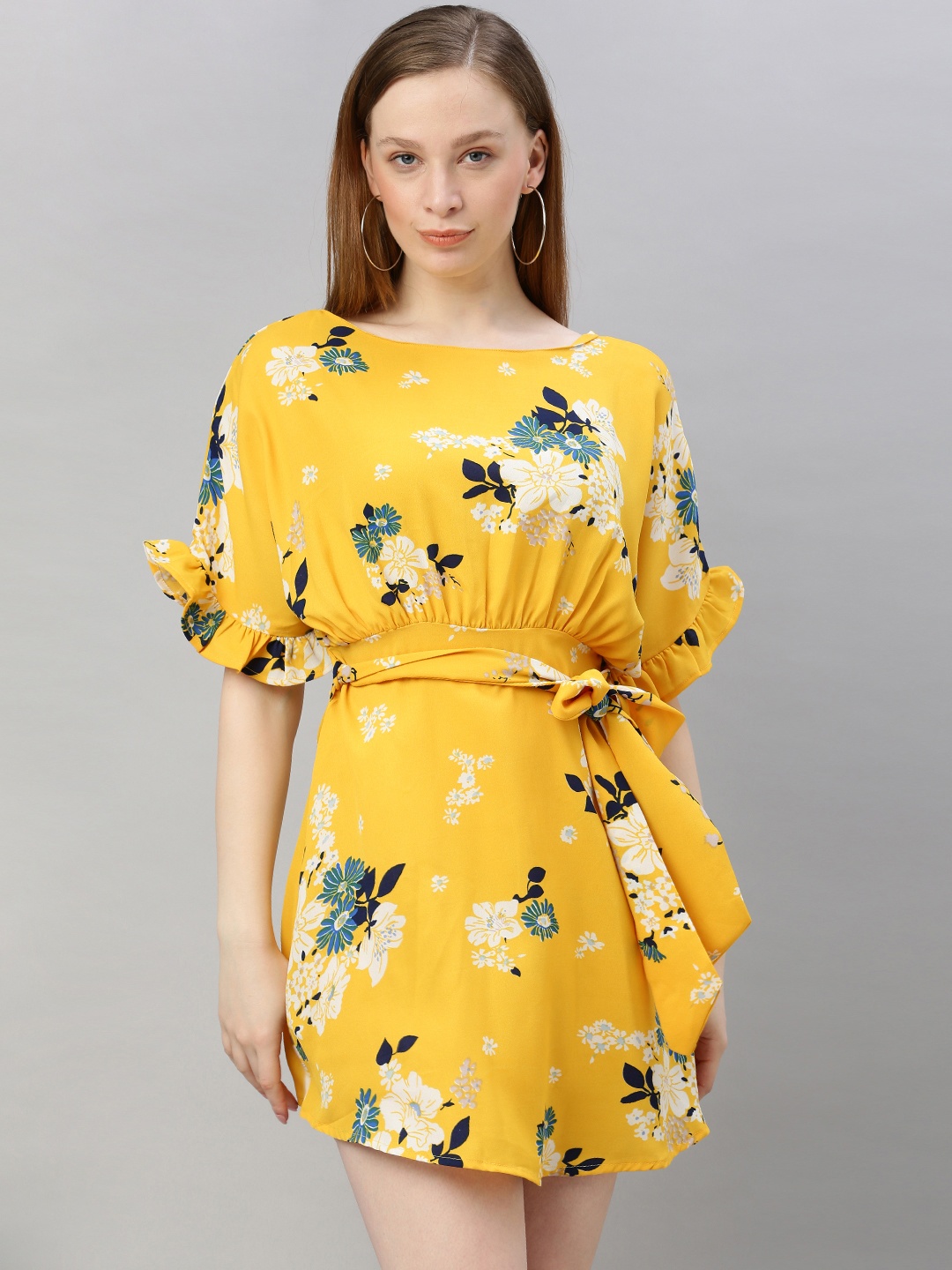 

Sera Women Yellow Floral Printed Side Knot Fit and Flare Dress