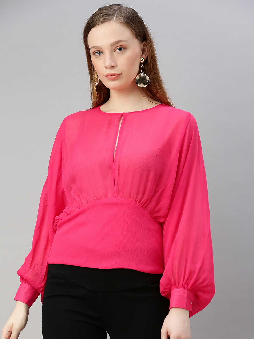 

Sera Women Fuchsia Pink Solid Bishop Sleeved Blouson Top