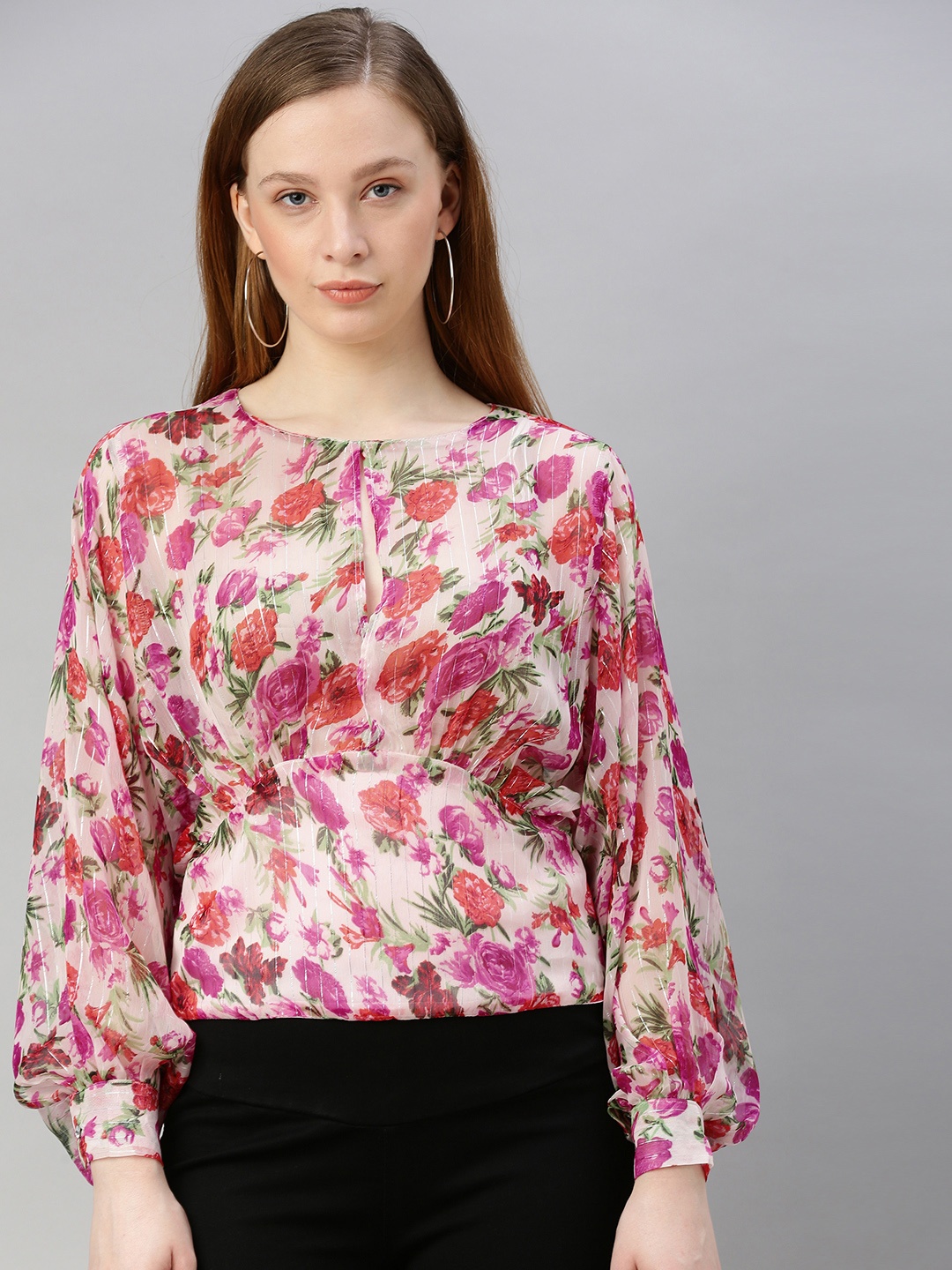 

Sera Women White Floral Printed Bishop Sleeved Blouson Top